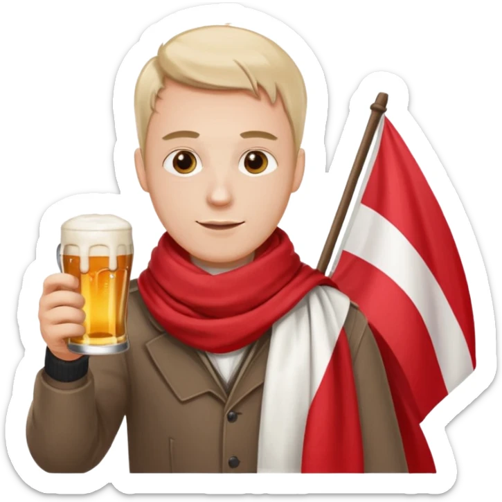 A man wearing a red and white scarf holding a Polish flag in one hand and a beer in the other sticker