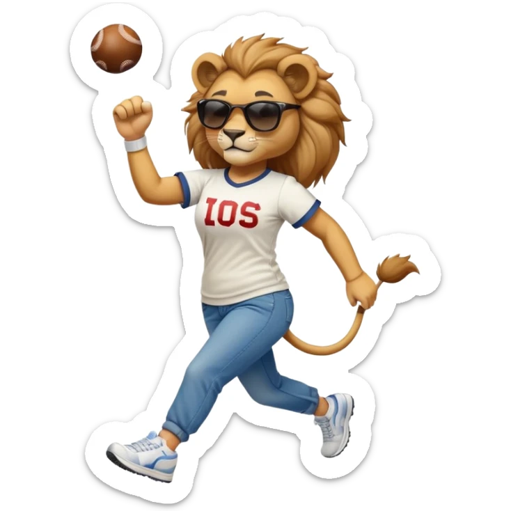 friendly anthropomorphised female lion wearing a baseball shirt, jeans, trainers, dark sunglasses, jogging upright, dominant confident expression sticker