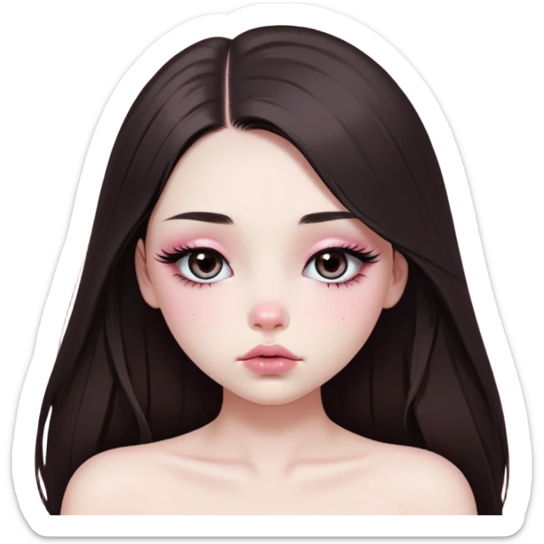 girl with white skin, dark brown long realistic straight hair with middle part prominently falling in front of her body over her shoulders, very big pouty extra shiny lips with absolutely no cupid's bow, big round shiny eyes with black eyeballs and huge eyelashes, no eyeshadow, pink blush on cheeks, lighter button nose, very long oval-shaped face, wearing a pink off-shoulder top, looking directly at camera with hands down at sides sticker