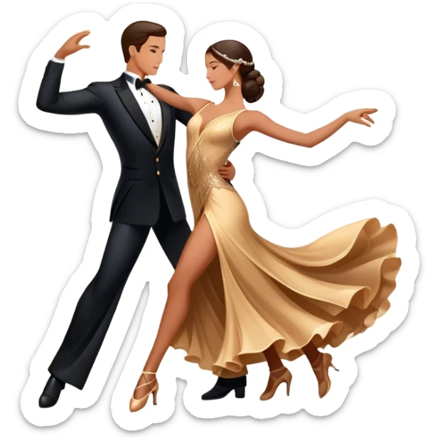 Icon for Ballroom Dancing: a couple in an elegant dance pose, with flowing dresses and tuxedos, surrounded by dance floor lights. The icon should convey the grace and elegance of ballroom dance, with focus on movement and precision. Transparent background. sticker