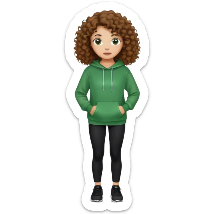 girl with brown curly hair wearing a green sweatshirt and black leggings sticker