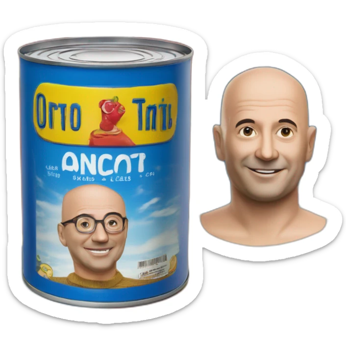 shallow rectangular tin of anchovies, looks like Ortiz brand,  with a photo of a bald man on the side, red blue yello colors sticker