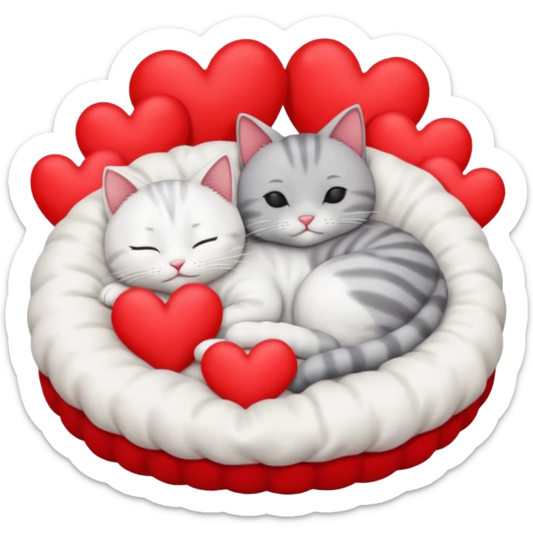 White cat and gray cat sleeping together in a bed full of hearts sticker