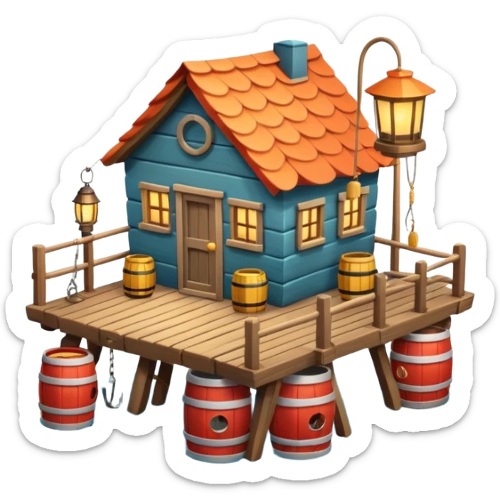 
fisherman house on a wooden pier, small dock, fishing nets hanging, barrels, lantern, ocean vibe, 3D cartoon, cute mobile game icon, clean background, no text
 sticker