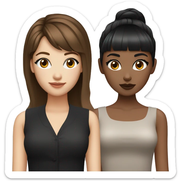 Two white girlfriends. One with brown hair in square, the other with black hair, bangs and a square. In fashionable clothes and beautiful modern makeup sticker
