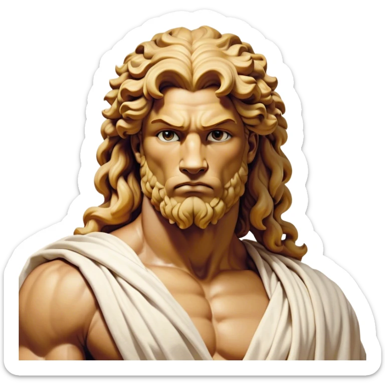 Cinematic Realistic Hercules Portrait, depicted as a classical Greek hero merging the fierce masculinity of the lion-wrestling Hercules with the refined face of Michelangelo's David. His light tan, chiseled skin glows with timeless strength, and his thick, curly, golden brown hair cascades in natural, sculpted curls reminiscent of a warrior’s mane. Draped in a flowing white robe with delicate golden accents and crowned with a traditional Greek laurel wreath, his intense, determined eyes exude noble might, all rendered under dynamic natural lighting with a mythic, radiant glow. sticker