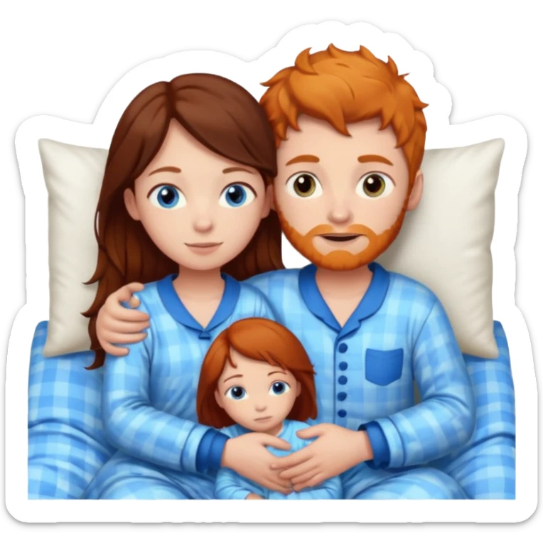 Ginger boy hugging girl with very dark brown hair. Both have blue eyes. They are in bed.  sticker