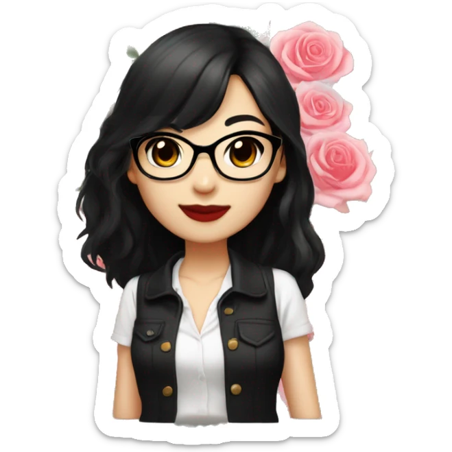 Asian girl, smiling with teeth, fair skin, black long hair, black eyes, black glasses with gold frames, red lipstick, wearing a white lace tank top and a black office jacket on top, with pink and red roses around her, chibi. sticker