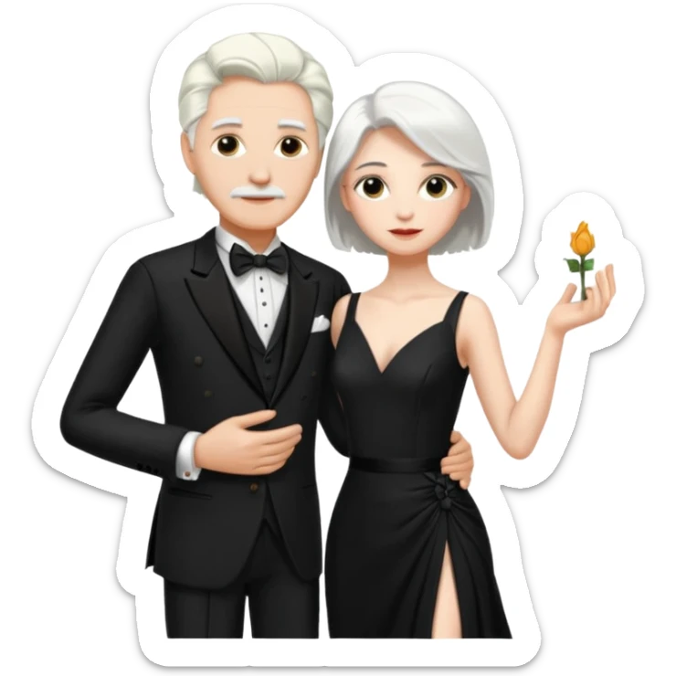 Tango couple conservative black tux for male and white long rafle dress for woman. Both male and female with white hair sticker