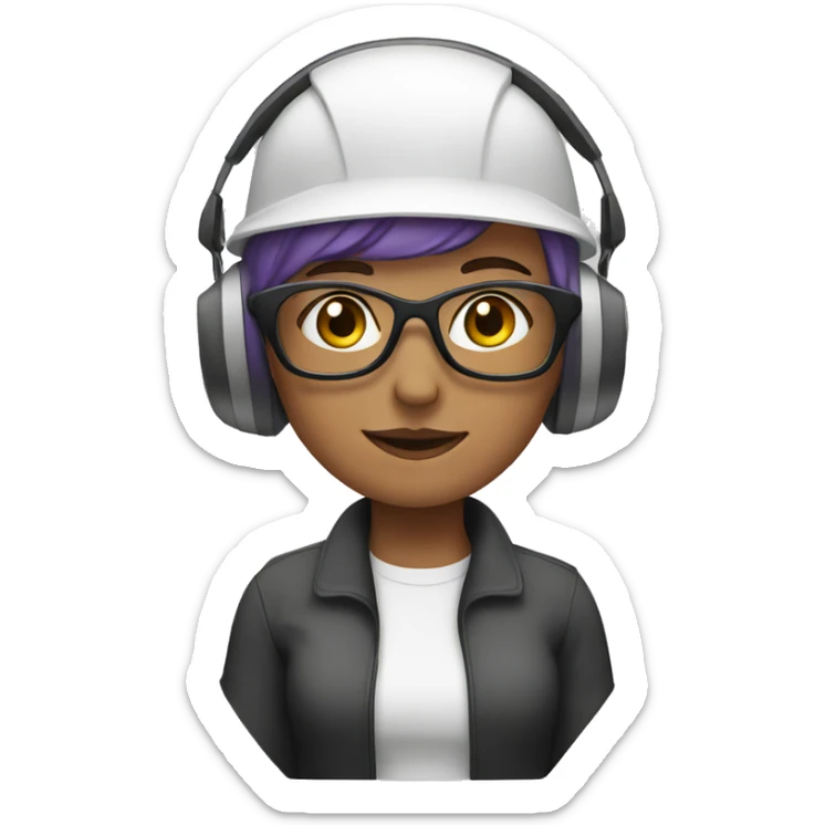 White Woman with short, purple hair wearing ear defenders  sticker