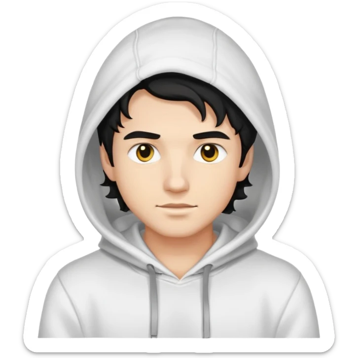 handsome young man with wavy black hair, black eyes, no beard or mustache, wearing a white hoodie, emoji style sticker