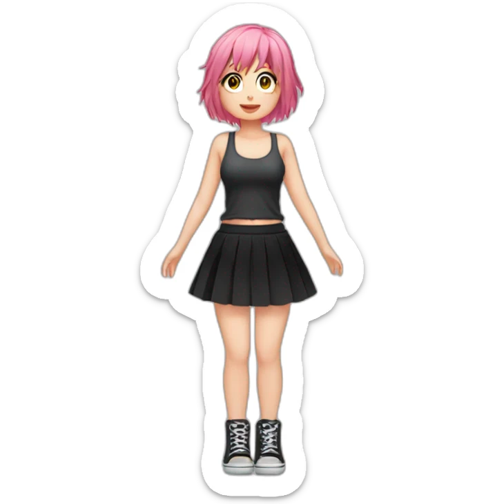 Full body Front view curvy emo girl pink hair sits on the floor straight view hands up black skirt полосатые рваные чулки sticker