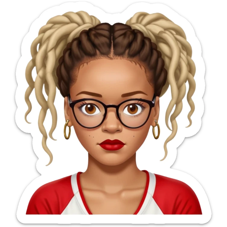 Rihanna must have freckles on nose soccer mom with updo dreadlocks from east Caribbean wearing a red and white jersey and cateye eyeglasses sticker