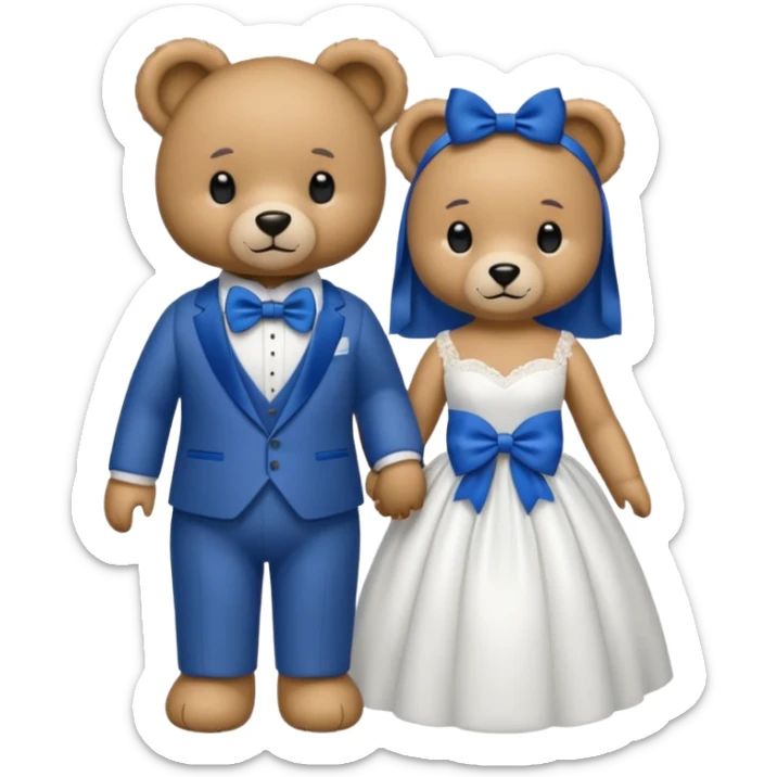 Teddy bear wearing white wedding dress holding the hand to another teddy bear wearing a big royal blue bow tie sticker