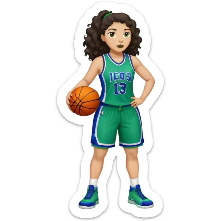 full body plus size light skin latino women basketball player with wavy dark hair large wide nose wearing blue with green uniform sticker