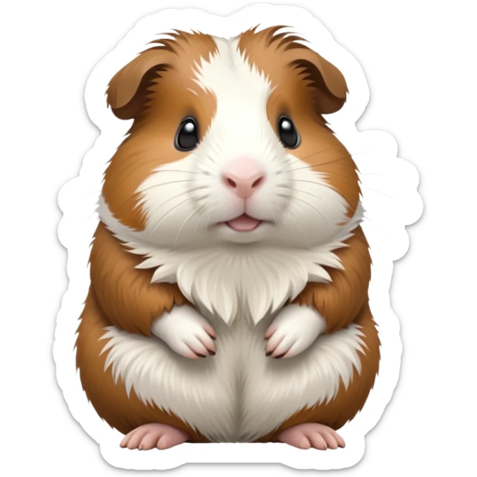 cinematic-[guinea pig]-realistic-full-body-sitting-emoji,-tiny-paws-tucked-close,-head-tilted-dramatically,-fluffy-[brown and white]-fur,-simplified-yet-realistic-focused-features,-highly-detailed,-glowing-with-an-almost-sarcastic-glow sticker
