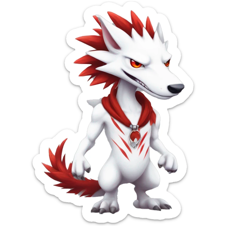 White edgy cute badass epic anthro modern albino sergal-vernid-Fakémon with red mane and red eyes with red edgy stripes, full body sticker