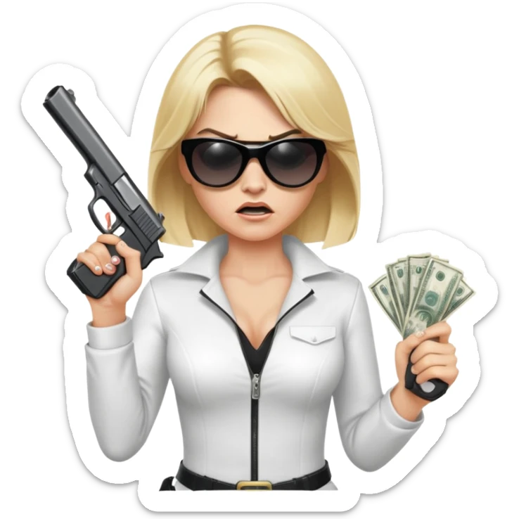 Mafia blondes angry woman in sunglasses, gun ,money , white costume  sticker