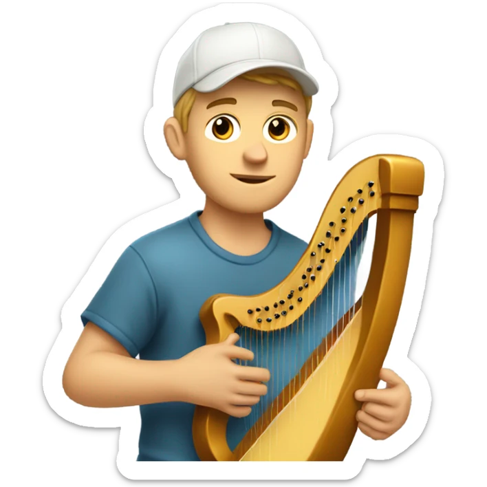 Young white guy casual with ball cap playing a big harp that looks similar to a banjo  sticker