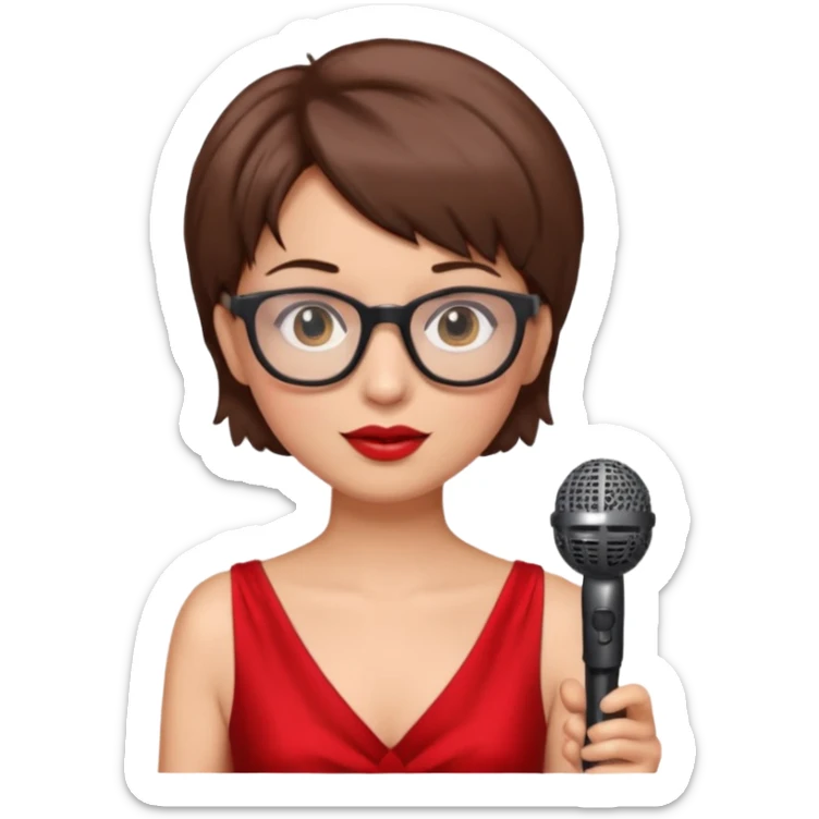 singer, Old, brown short hair, holding mic, red dress, glasses sticker