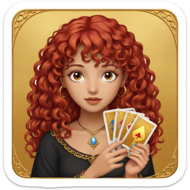Red curly hair with bangs beautiful girl with brown tarot gold cards sticker