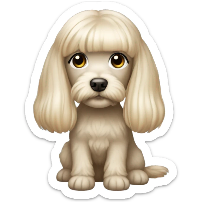 Blonde long straight hair girl gray-blue eyes with maltipoo beige sticker