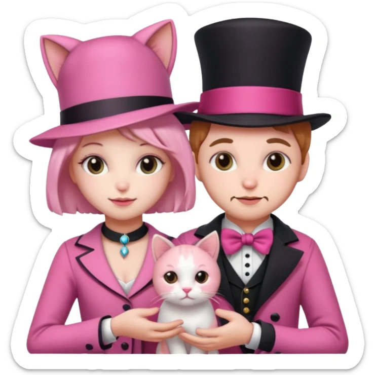 Aesthetic pink teddy magician couple and their pet cat sticker