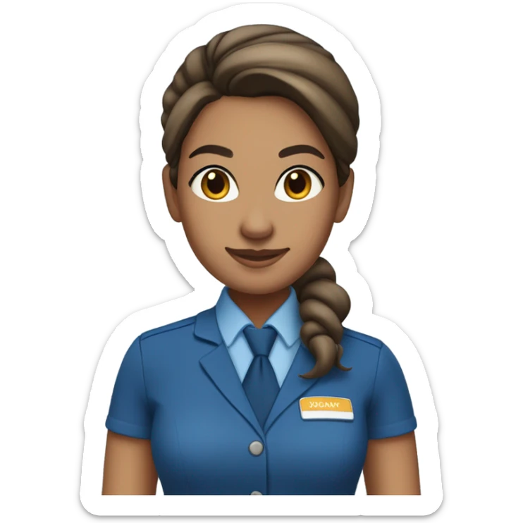 Brown tan skin flight attendant, brown hair in a bun, blue uniform, blue neck scarf sticker