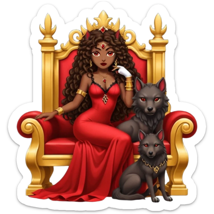 Lilith symbol seductress evil brown curly long hair haired, sexy succubus woman with red and black Chanel dress sitting on a Black and gold throne. A large black wolf laying beside he sticker