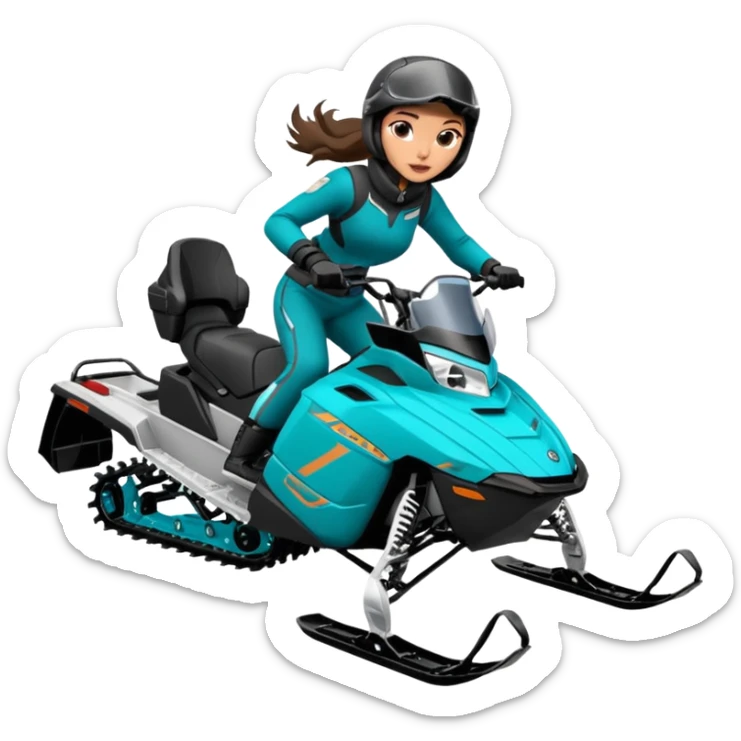 Can you create an emoji of a brunette girl on a teal polaris khaos 850 155 snowmobile action shot sticker