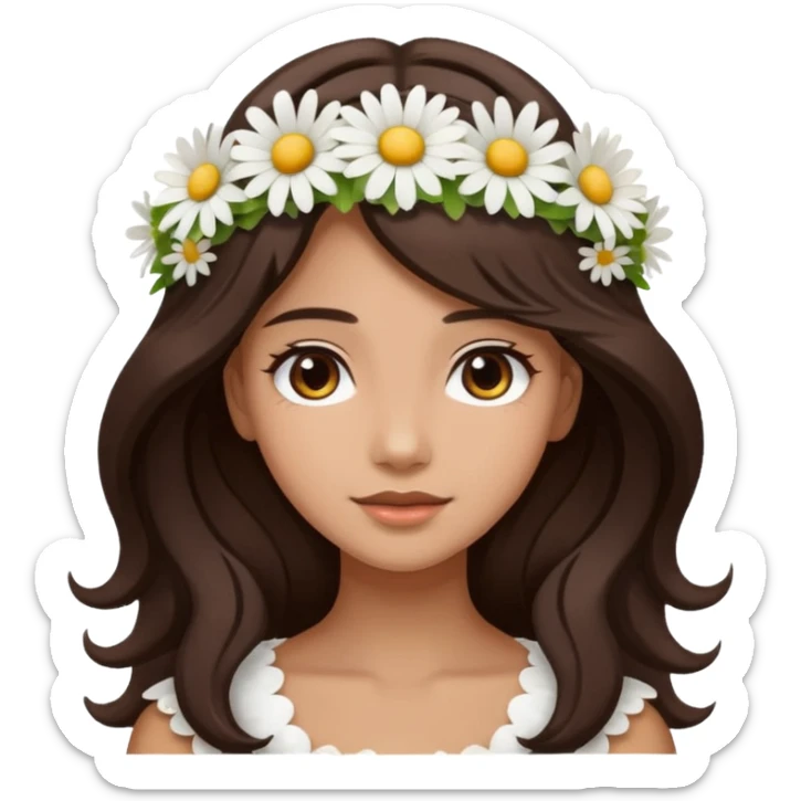 Medium skin tone female, long dark-brown hair with gentle waves, wearing a white daisy floral crown. sticker