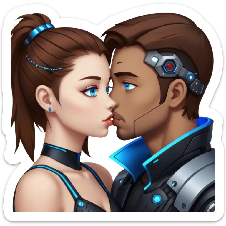 Neon cyberpunk style 
girl with brown hair and blue eyes kiss man sticker