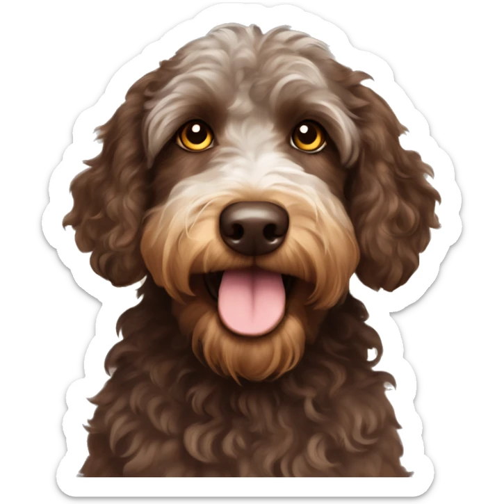 Chocolate and tan Aussiedoodle with yellow eyes and a bun on the top of head sticker