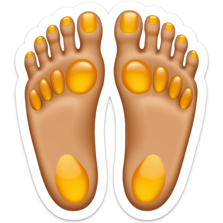 two feet, one slightly in front of the other, five toes each, shiny, perfectly orthopedic shape, emoji style, natural skin color, no yellow gel sticker