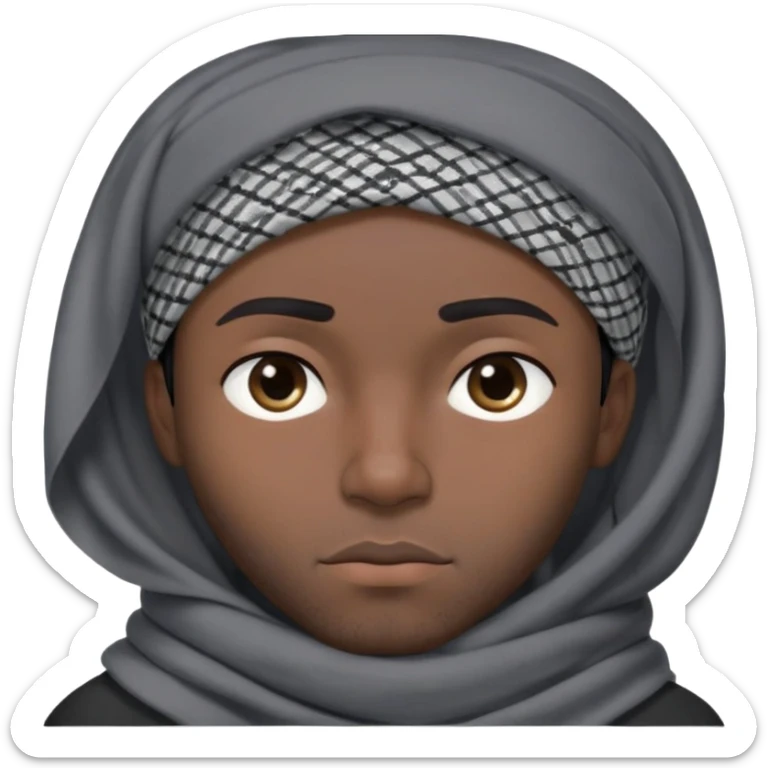 người đàn ông 30 tuổi, da đen, tóc ngắn màu đen, đội khăn kaffiyeh trùm đầu màu xám, biểu cảm buồn ngủ,mắt mở bé, áo đen, nửa thân treen sticker