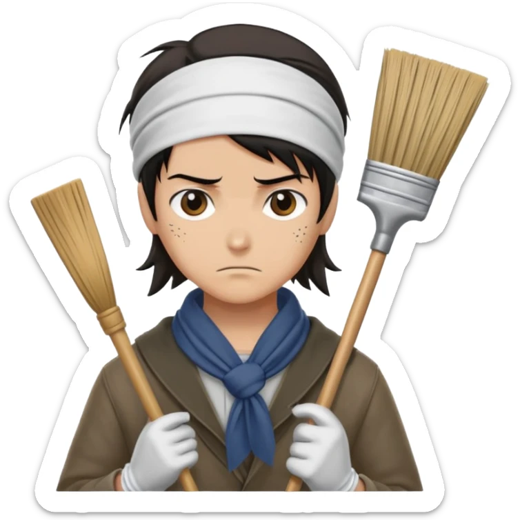 Levi Ackerman cleaning with bandana over hair, gloves, holding broom, annoyed expression sticker