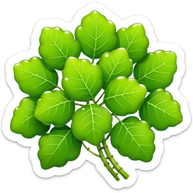Sea grapes (Caulerpa lentillifera) with an elongated, cylindrical shape, made of many tiny translucent green bead-like bubbles,  much smaller than real grapes, clustered tightly along a thin stem, glossy and fresh, emoji-style illustration, simplified shape, clean outline, cute and minimal sticker