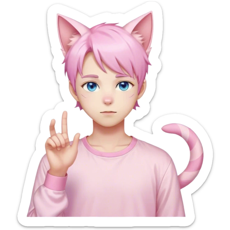 Pastel effeminate young femboy man with pastel pink shiny hair, pink cat ears, pastel yellow blouse, blue eyes, cute, gorgeous, anime, catboy, full body sticker