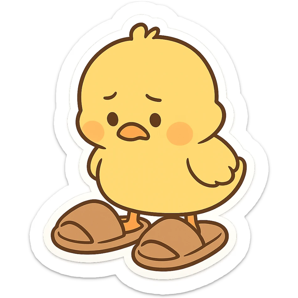 A goose yellow chick, wearing a pair of super large slippers, looks down at the shoes with a puzzled expression sticker
