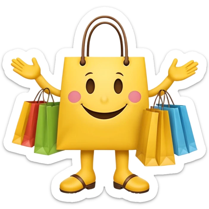 HAPPY SMILEY FACEWITH HANDS AND FEET EMOJI WITH SHOPPING BAGS IN EACH HAND sticker