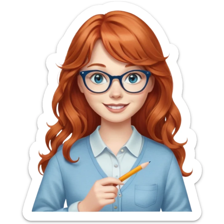 redheaded woman with very long wavy hair and bangs, blue eyes, clear cat-eye glasses, casual chic outfit, holding a pencil, smiling sticker
