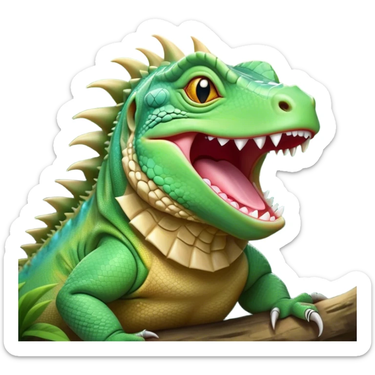 Cinematic Cute Yawning Iguana Portrait Emoji, Head tilted slightly with a dramatic, wide-open yawn, showcasing a sturdy, scaled body with a softly drooping spiky crest and sleepy, half-closed eyes, Simplified yet irresistibly adorable features, highly detailed, glowing with a soft, cozy jungle glow, high shine, relaxed yet expressive, stylized with a dash of whimsical charm, soft glowing outline, capturing the essence of a drowsy yet affectionate iguana that appears ready to stretch out for a nap! sticker