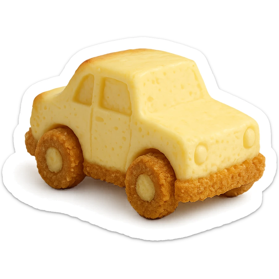 miniature car sculpted from New York cheesecake, crust details, dessert-themed, fun and edible look sticker