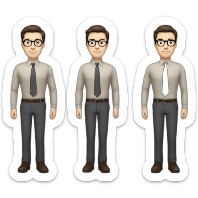 Full height Pale skinned Fit Man With dark brown hair in classic gray suit, beige office shirt, dark gray tie, and vintage glasses. His hands lock sticker