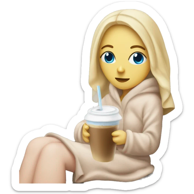 Blonde Girl with blue eyes covered in a cozy blanker With an iced Latte sitting on a couch sticker