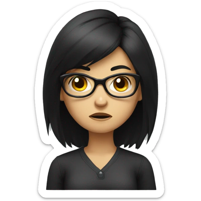 Angry scowling girl, long black hair, wearing glasses, with arms crossed over chest. sticker