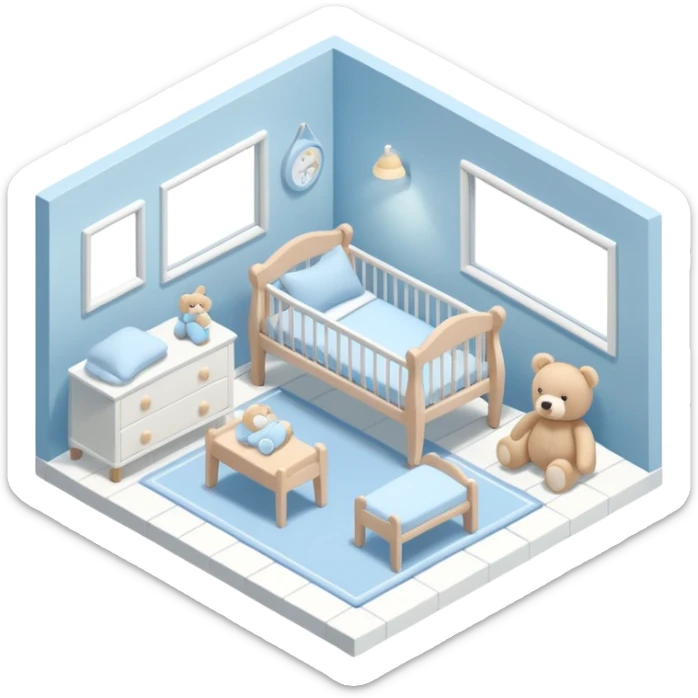 isometric baby room, Cozy baby room with crib and teddy bear sticker