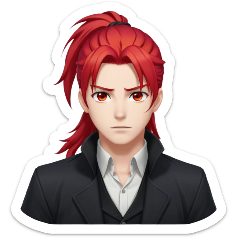 Handsome gorgeous anime man with bright-red hair, thick long ponytail, red eyes, white shirt, black jacket, stone face, Diluc from Genshin Impact sticker