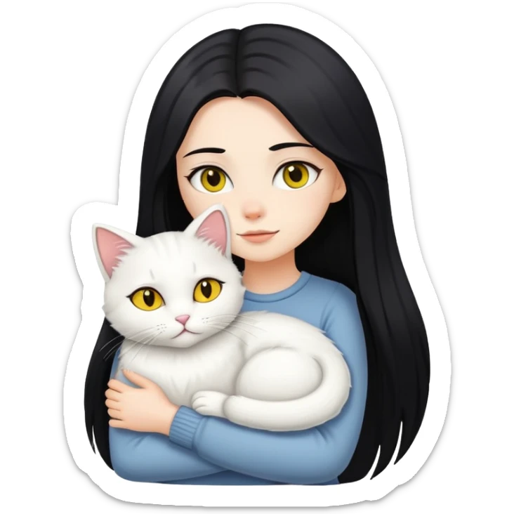 White Girl with long black straight hair hugging a white fluffy yellow eyed cat  sticker