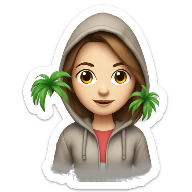 White girl with brown hair wearing a hoodie carrying a small palm tree sticker